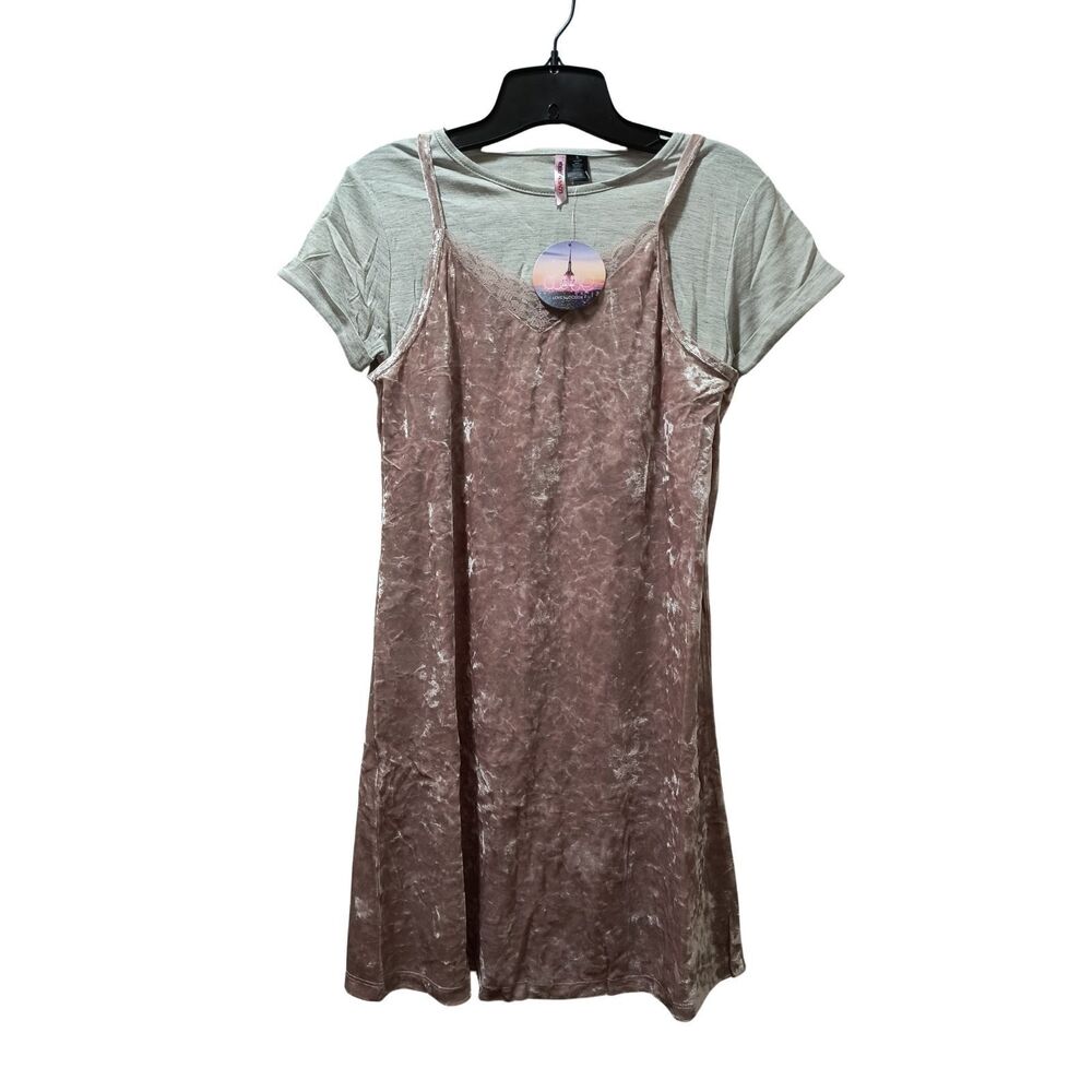 Love by Design 2 Fer Mini Dress Small Pink Crushed Velvet Gray Layered NWT